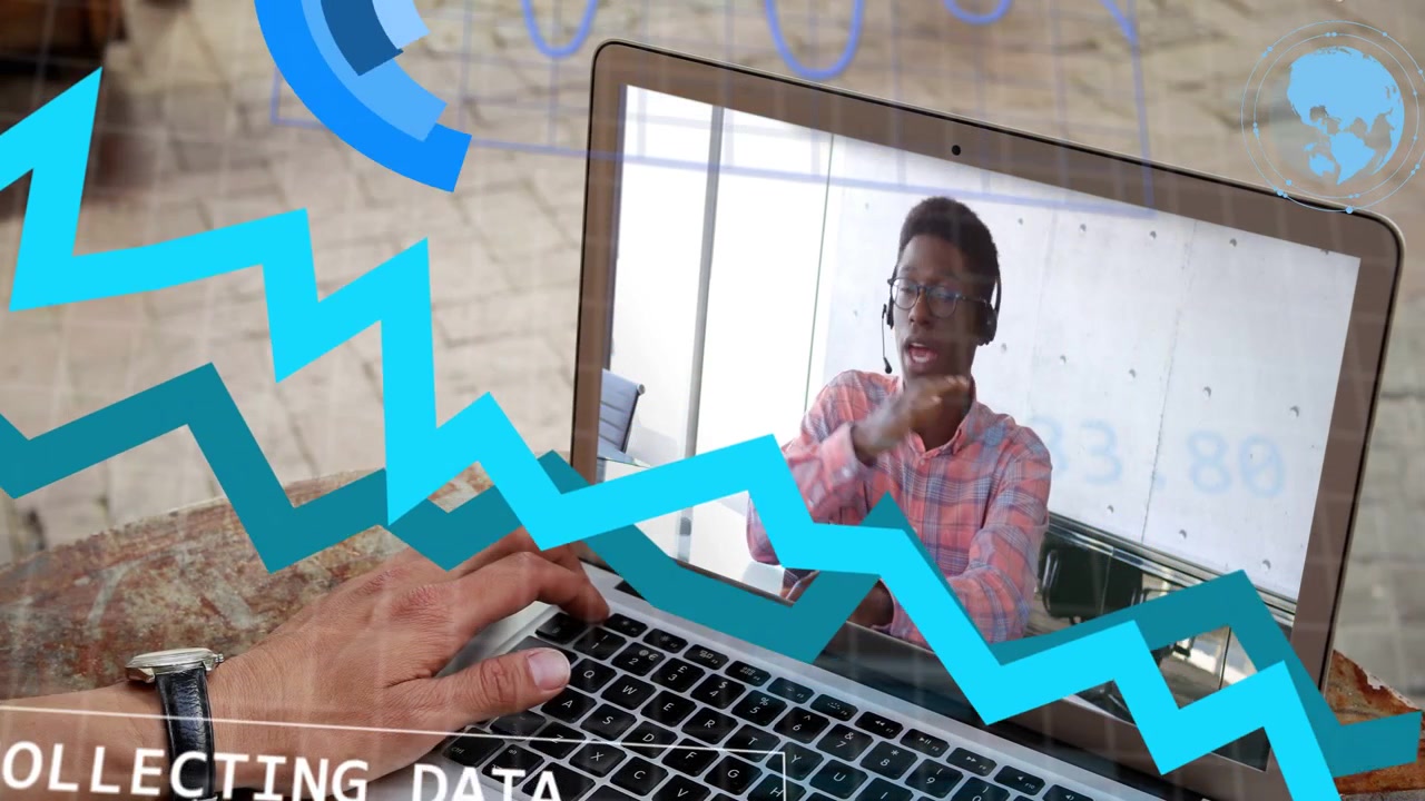 Vertical video: Remote speaker speaking while laptop user typing animating data charts for business