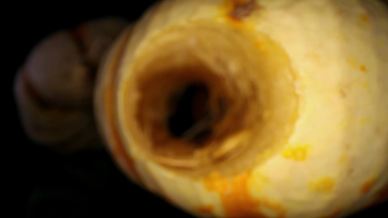 enfoque rodante para revelar una calabaza sin corazón, moviéndose hacia la abertura de la calabaza y entrando en ella, donde hay varias semillas en el interior