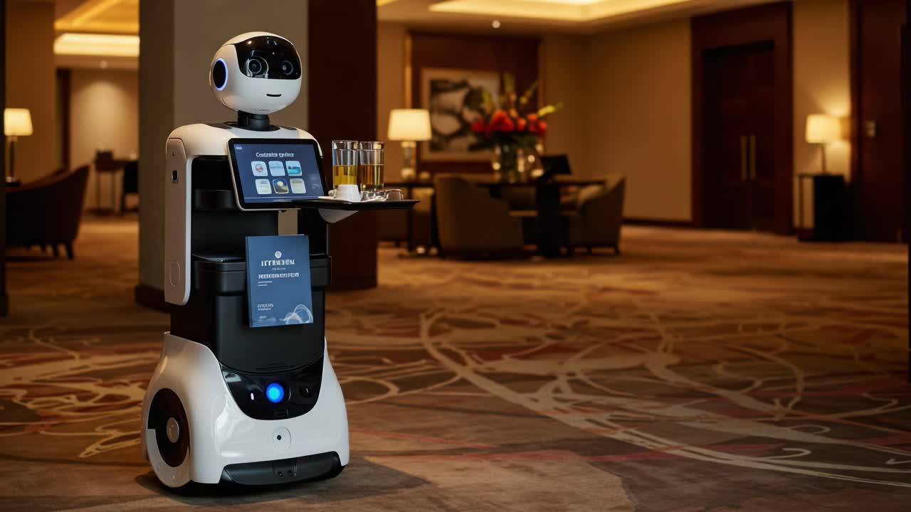 A Friendly Robotic Waiter Delivers Refreshments in a Modern Hospitality Setting, Showcasing Advanced Service Technology with a Warm Smile and Efficient Design