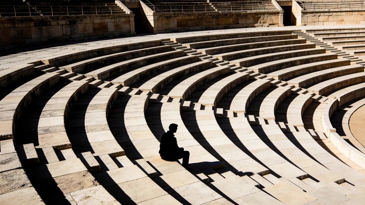 Uomo seduto con giacca scura, rivolto verso la luce del sole, che modifica la postura su gradinate di pietra curve, con spazio per il testo.