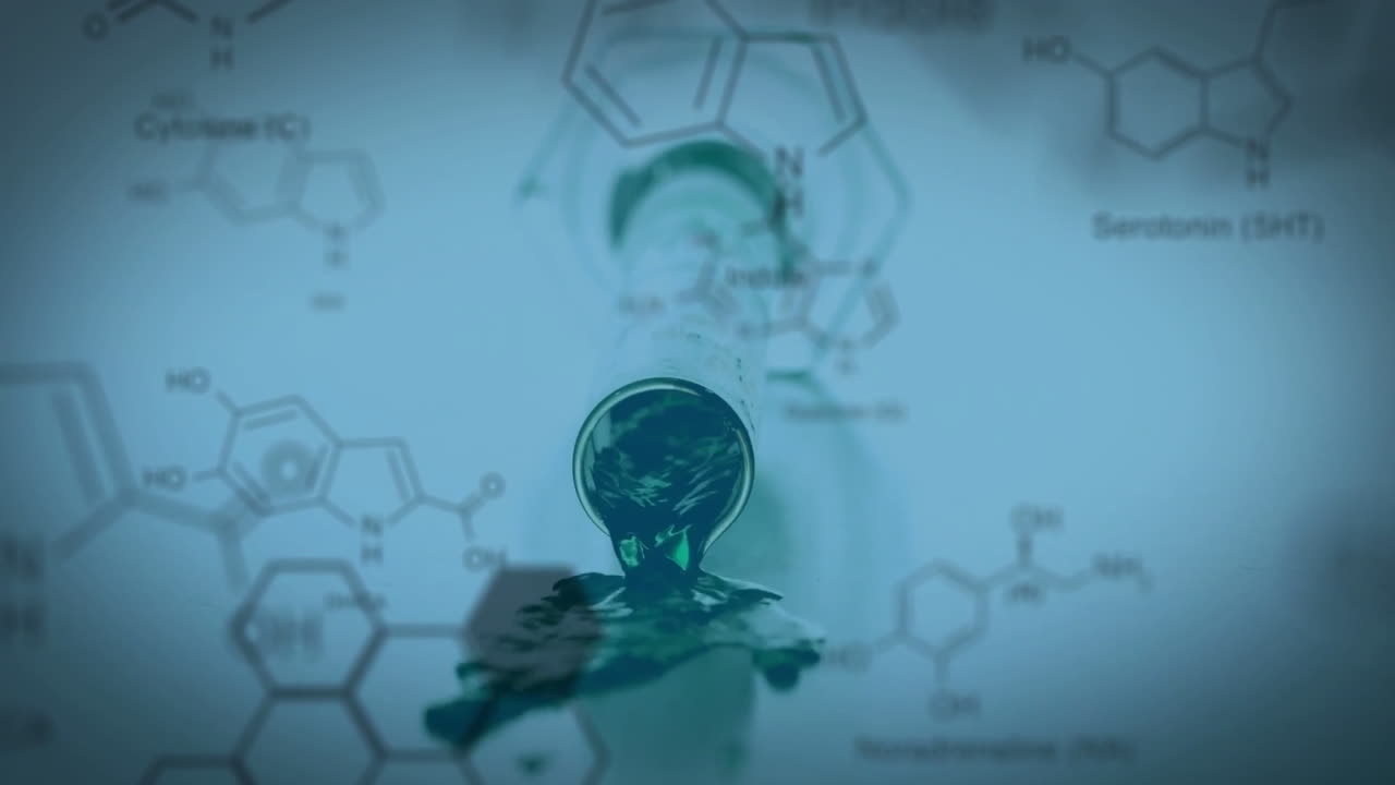 Test tube falling with data and structural formula of chemical compounds in the foreground