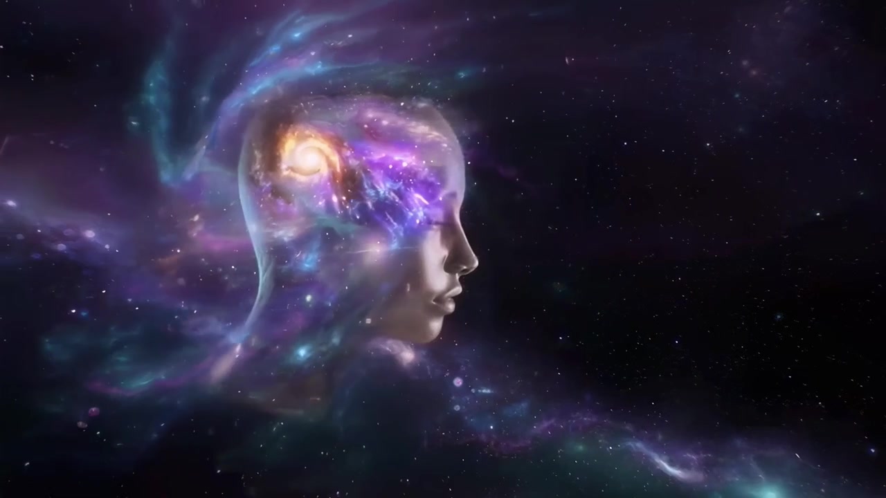 Animazione astratta di una testa umana che si fonde con la galassia