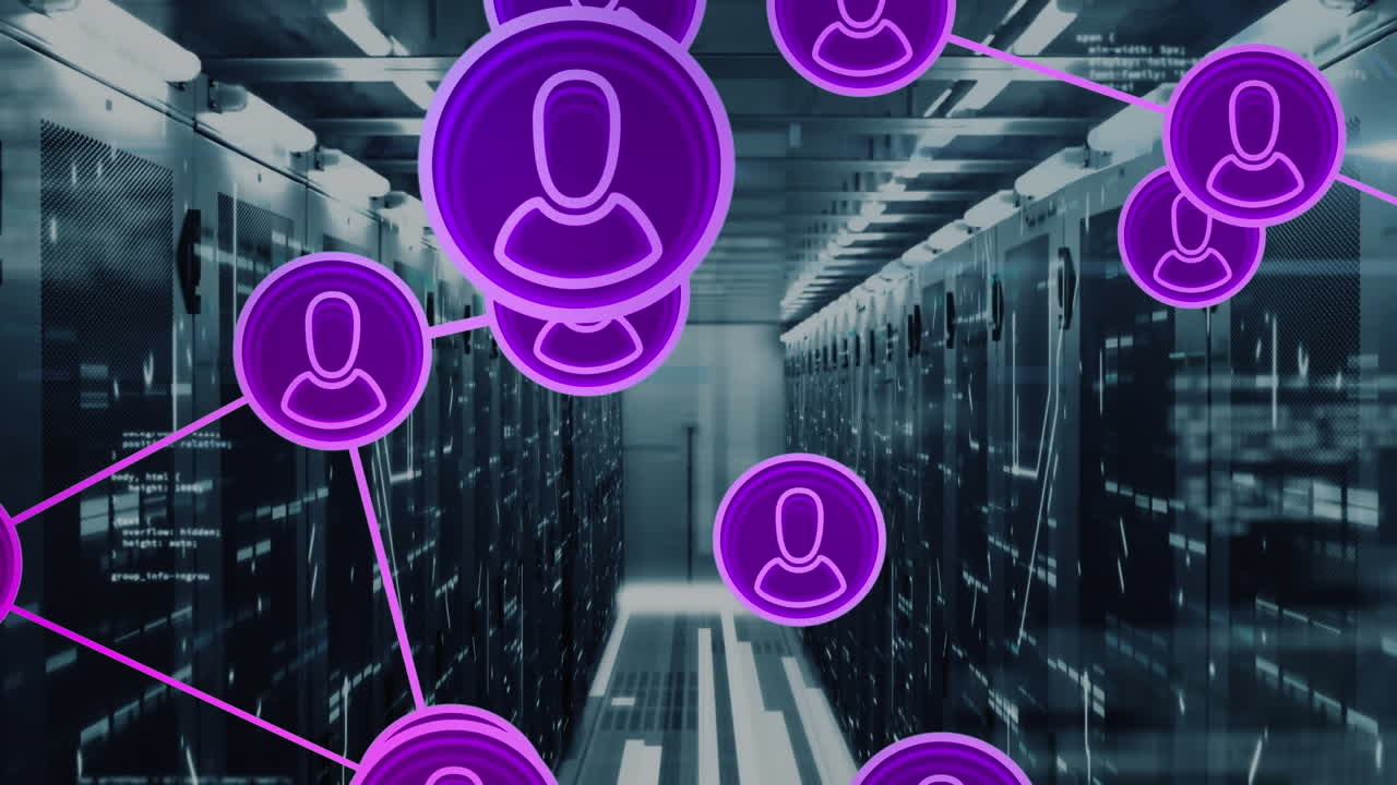Animation of network of profile icons, data processing and mosaic squares against server room