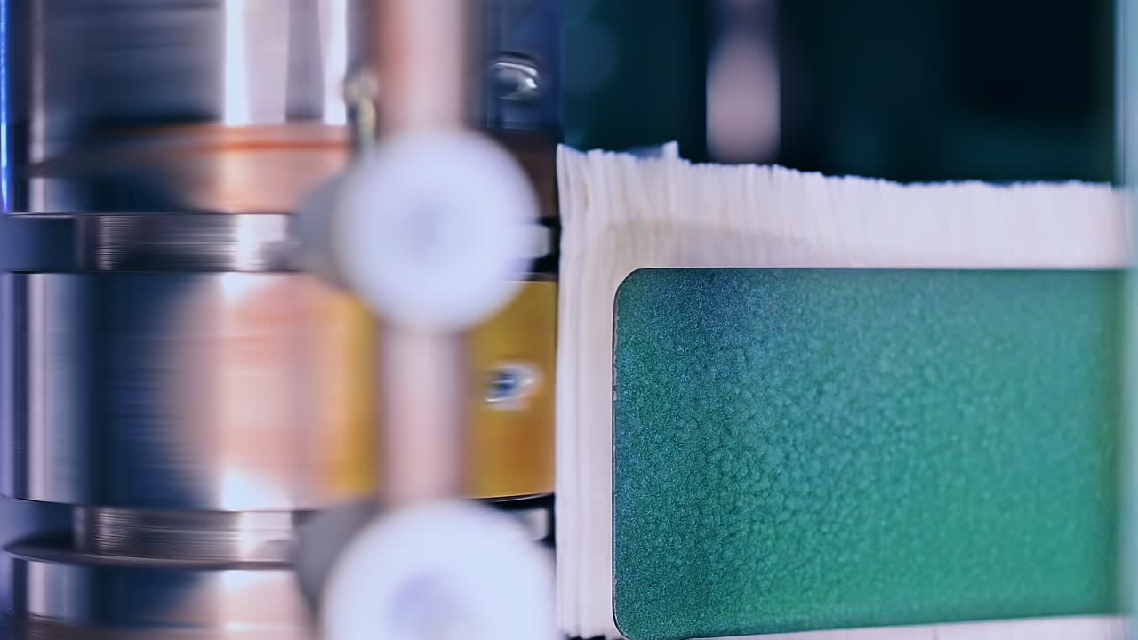 Big metal roller twisting and pushing the non-woven cloth into conveyor. Production line of diapers at the factory close up.