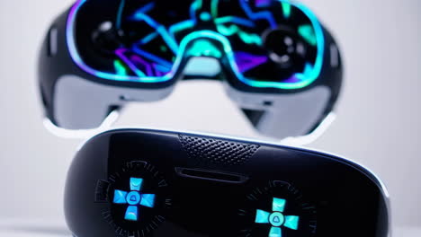 close-up of modern vr headsets with abstract glowing displays