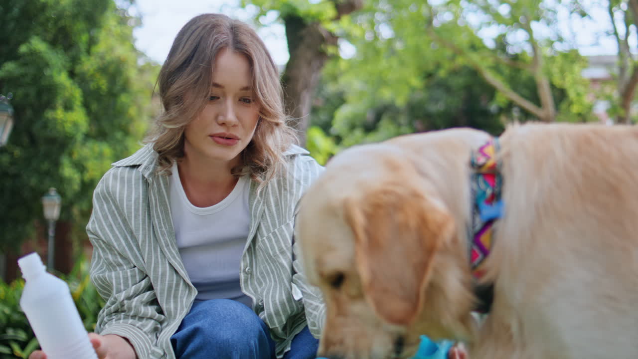 Girl giving water pet after summer walk at green nature. Woman hydrating dog