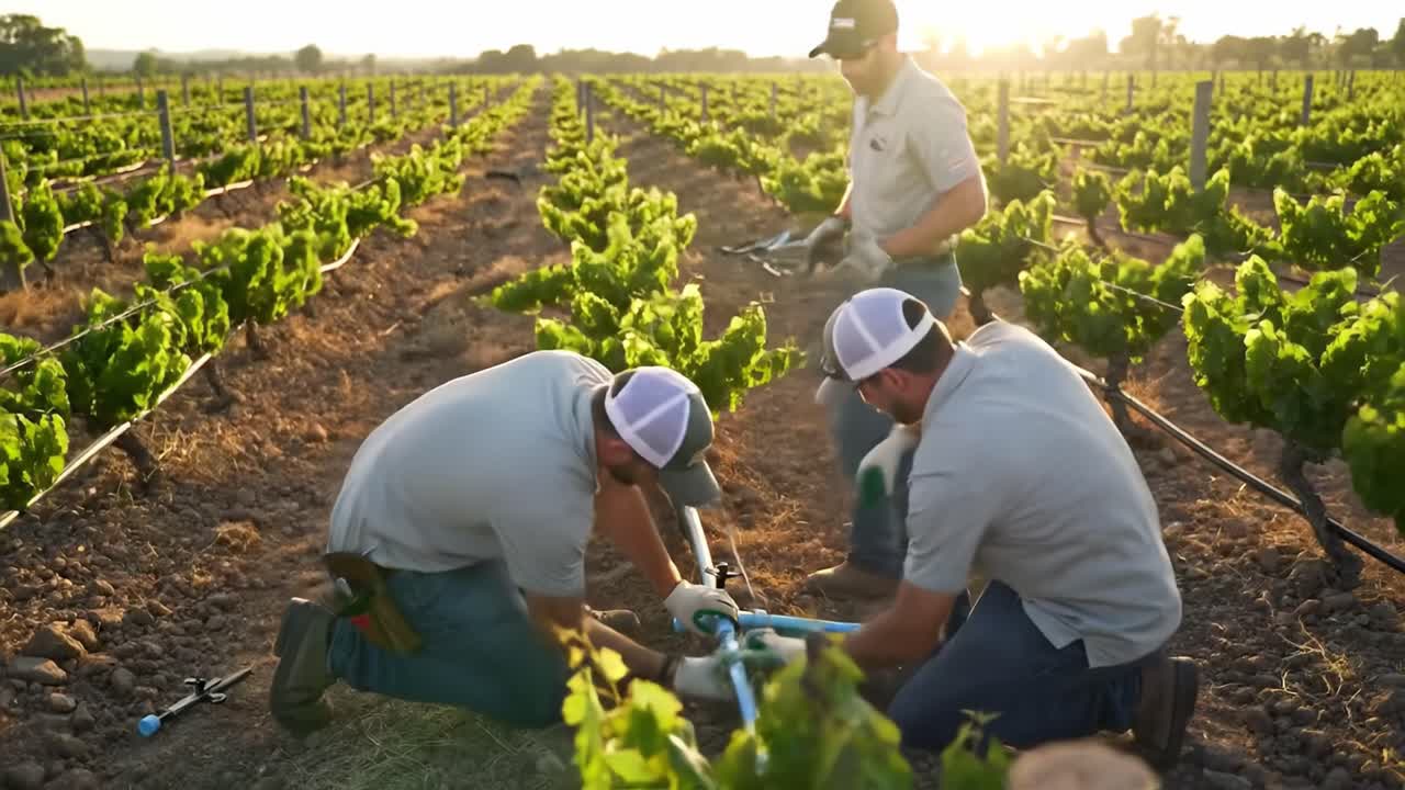 Three vineyard workers are busy tending to grapevines at sunset in a beautiful valley. They are focused on pruning and preparing the plants for the upcoming harvest season.