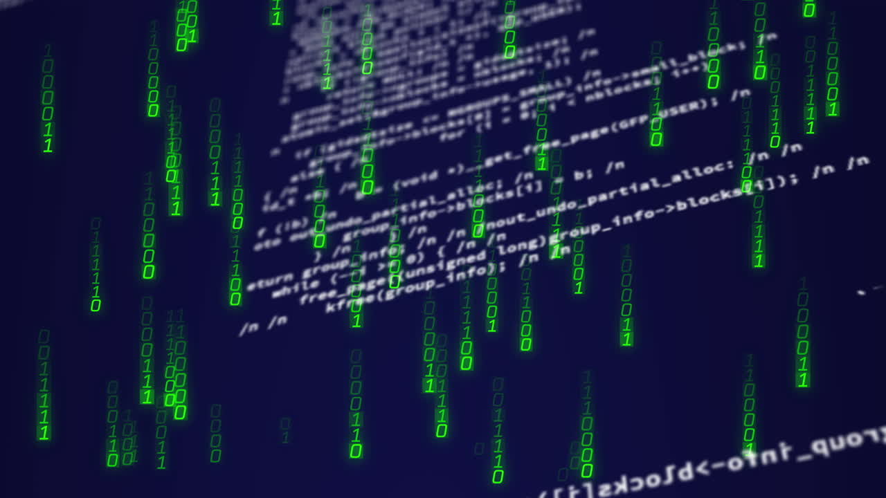 Green binary code and programming text animation over dark blue background