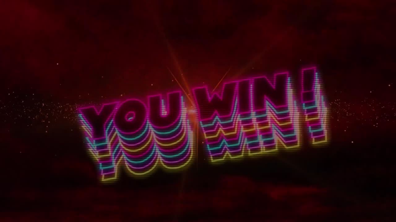 animación de usted ganar texto sobre nubes en fondo negro