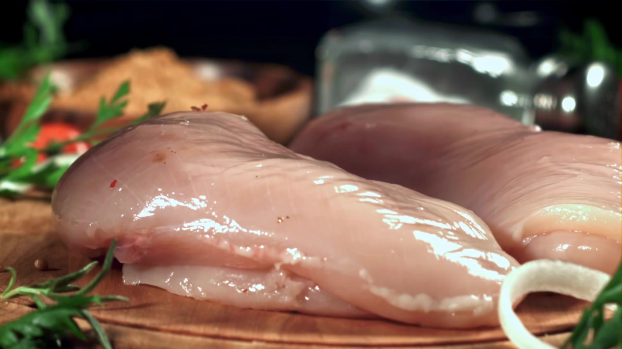 Petti di pollo crudi che cadono al rallentatore su un tagliere di legno