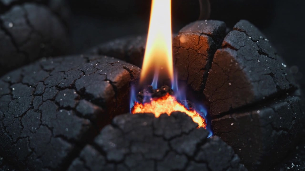 Glødende glød nærer en kulbriket, der brænder i et mørkt makrobillede, viser en blå-baseret flamme og tynd røg.