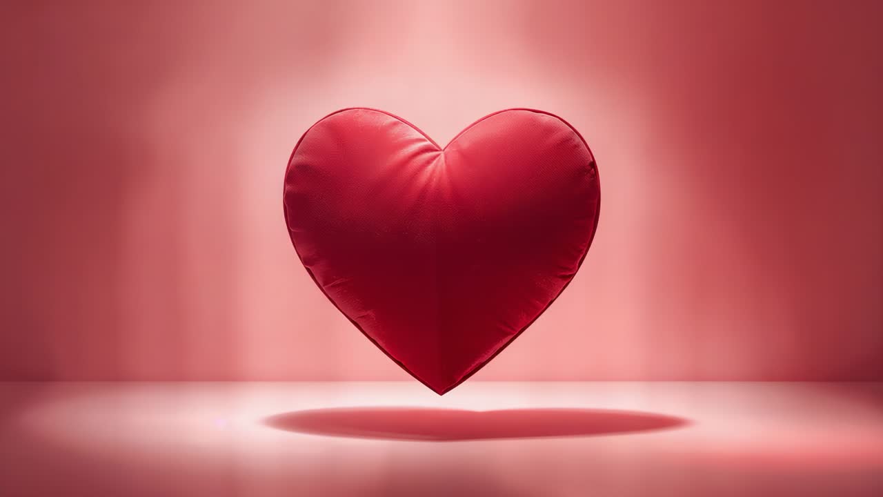 Un faretto si accende, un cuscino rosso a forma di cuore ruota e ondeggia nello studio, rivelando le cuciture