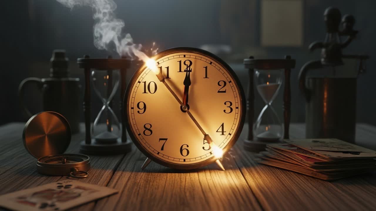 A Mysterious Clock with Smoke and Spark: Time and Intrigue Captured in a Dimly Lit Scene with Hourglasses and Vintage Items
