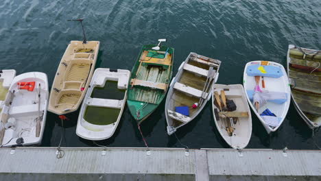 a row of small boats docked in calm waters off the coast of central california.