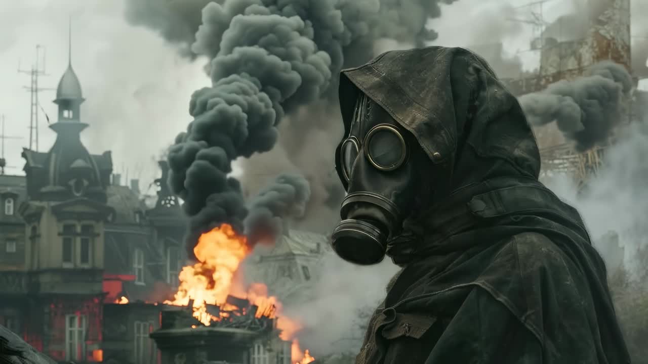 Una scena post-apocalittica con una persona con maschera antigas e cappuccio, vista da un angolo laterale