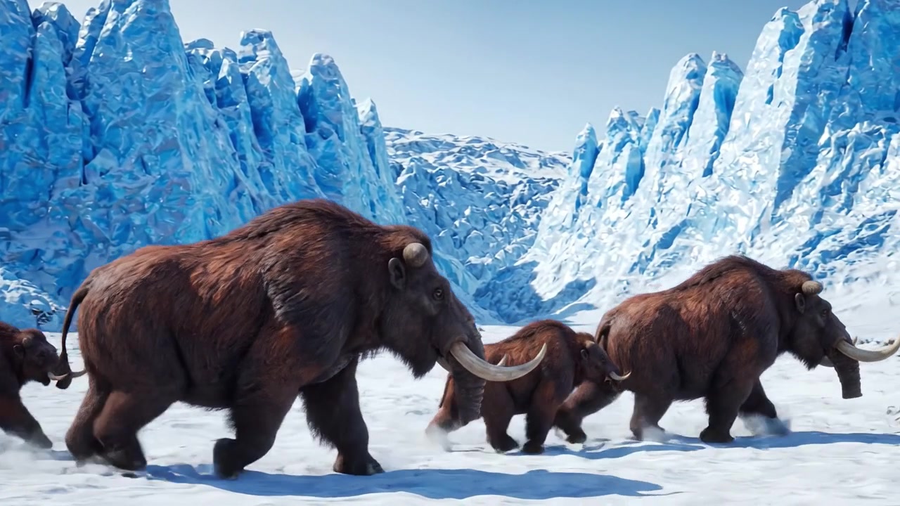 A Majestic Family of Mammoths Traversing a Frozen Landscape Beneath Towering Ice Formations, Showcasing Their Strength and Resilience in the Harsh Environment