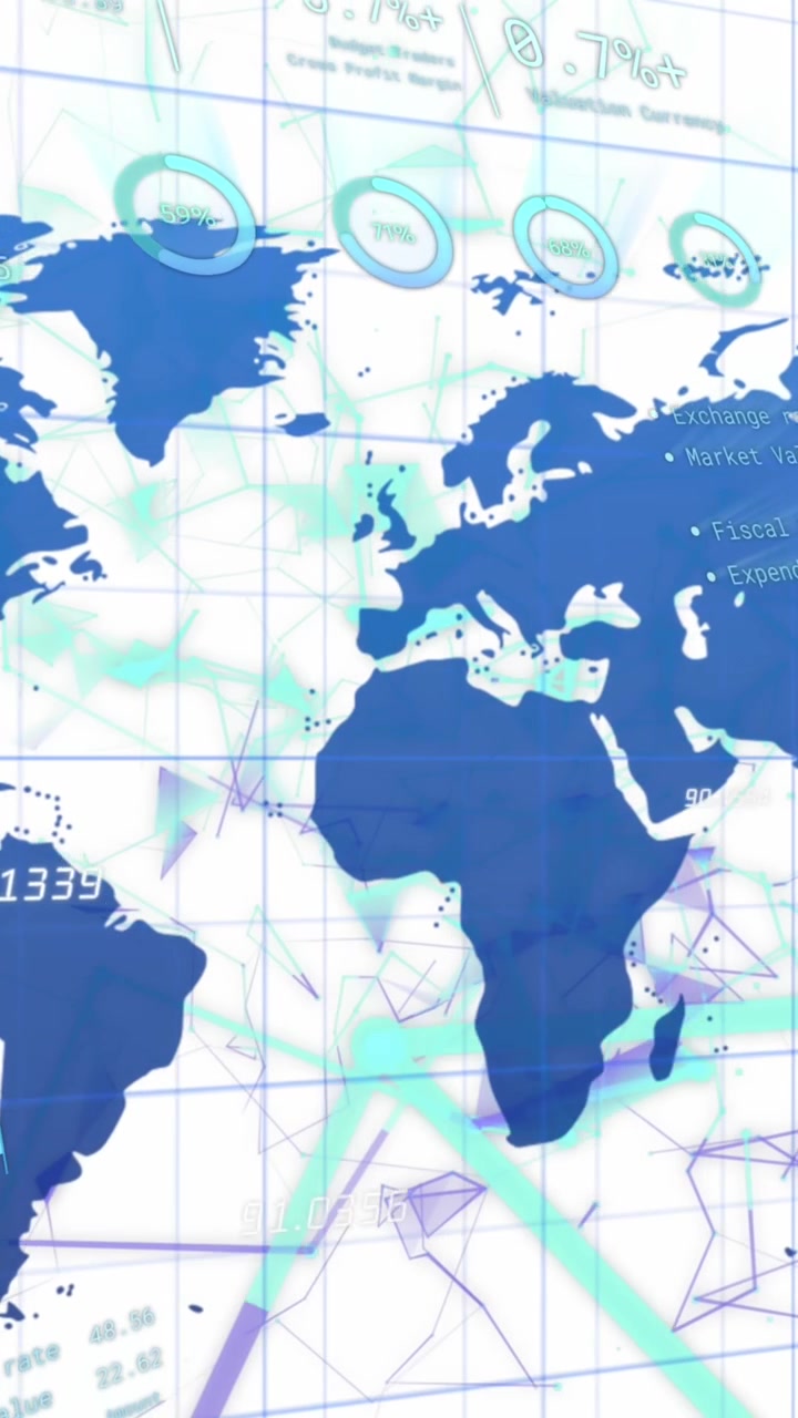 Animazione di elaborazione dati finanziari su una mappa del mondo.