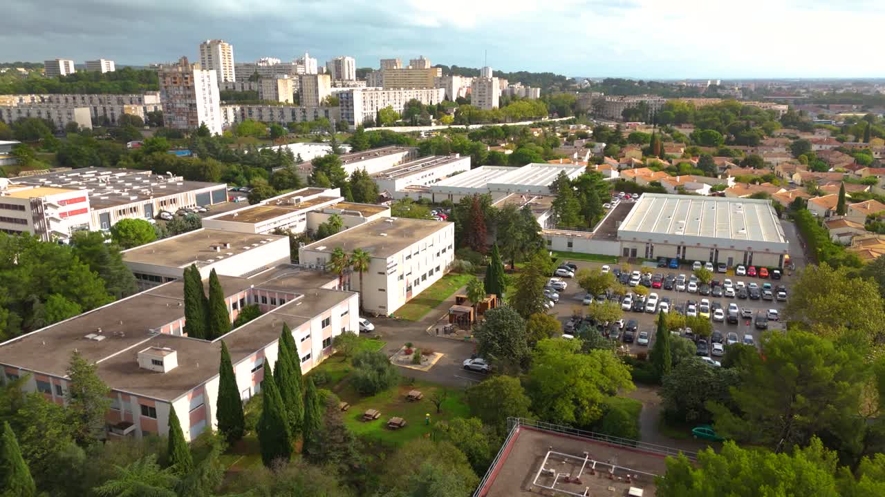 Aerial orbiting shot of a technology university campus in downtown Montpellier