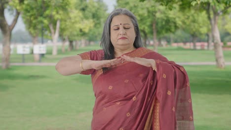 Una-Anciana-India-Relajada-Haciendo-Ejercicio-De-Inhalación-Y-Exhalación-En-El-Parque