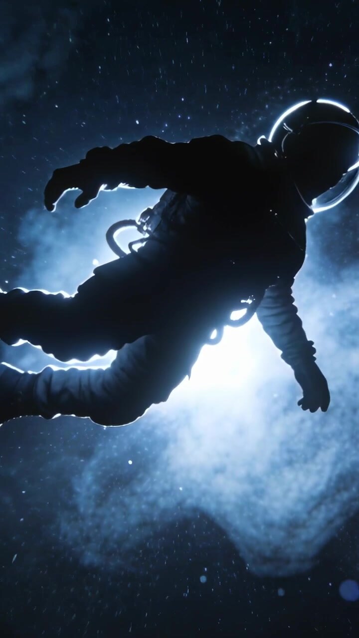 Vertical video: Drifting astronaut in suit rotating in zero gravity, with lit helmet rim and hoses