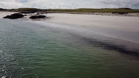 Clifden-sandy-beach,-Connemara,-Ireland,-aerial-view,-sunny-day