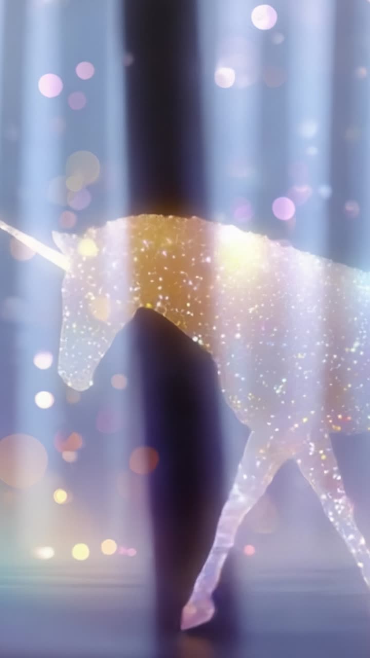 A magical scene where a sparkling unicorn gracefully transforms into a shimmering horse, illuminated by radiant light amid a backdrop of colorful bokeh glimmers