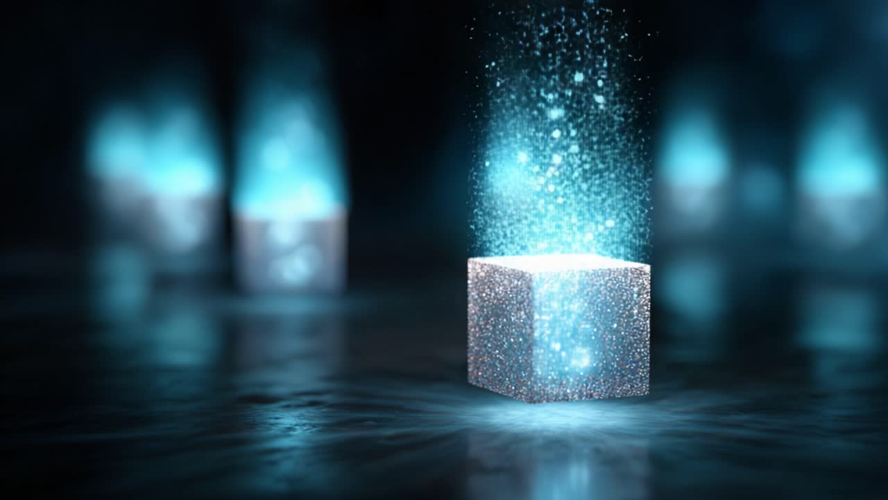 Un cubo incandescente emette particelle scintillanti in un ambiente mistico, mettendo in mostra effetti di luce dinamici e riflessi surreali per un'esperienza visiva accattivante