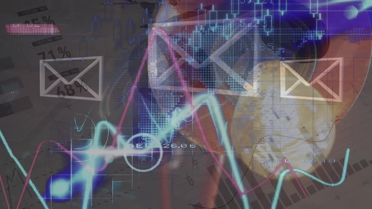 Sobreposição de Dados Financeiros Digitais com Ícones de E-mail e Tendências do Mercado Global