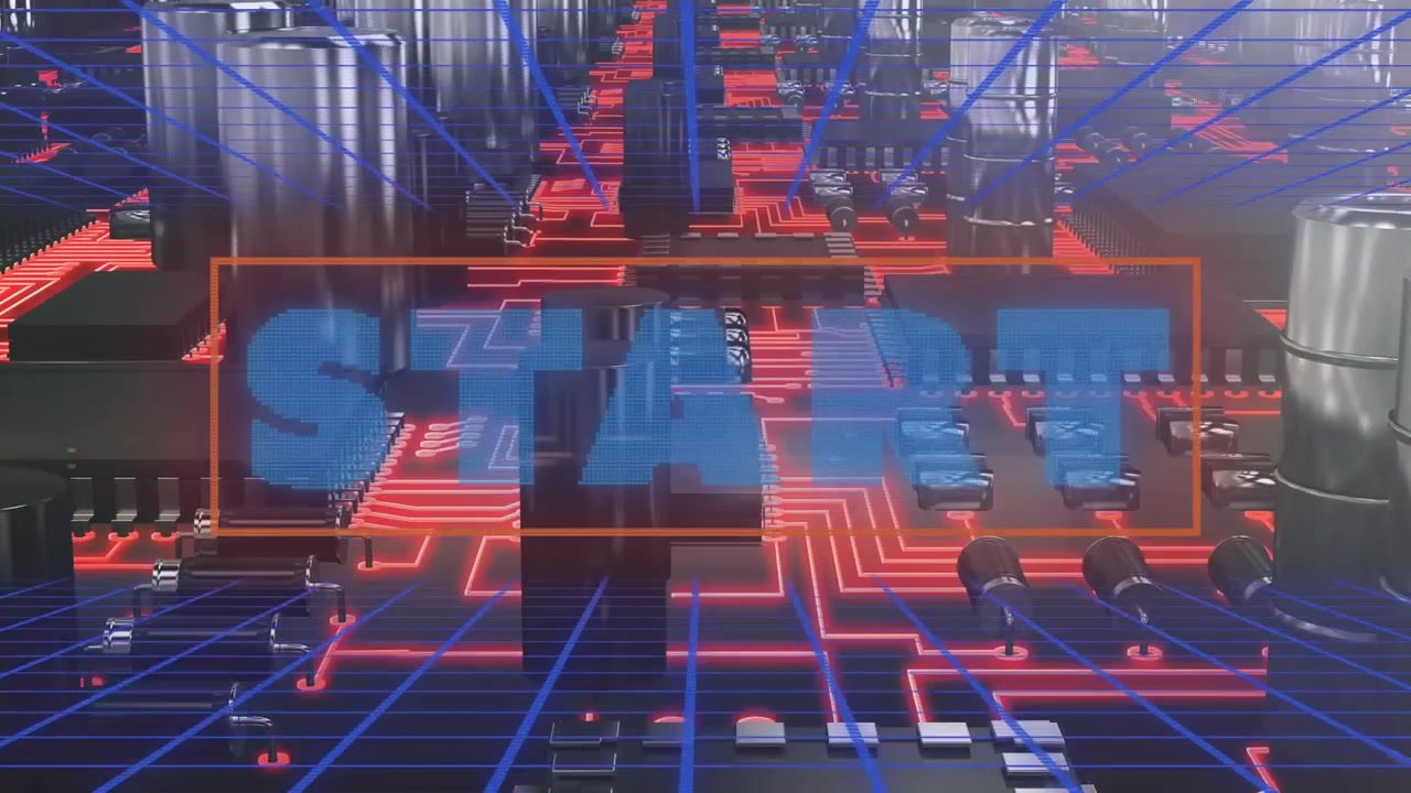 Digital Circuit Board Animation with Start Text Overlay