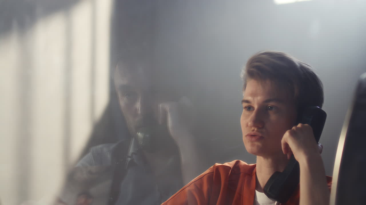Female Inmate Talking with Officer through Glass during Prison Interrogation