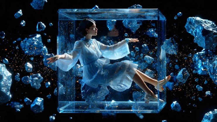 Ethereal Woman Floating in a Cube Surrounded by Crystals
