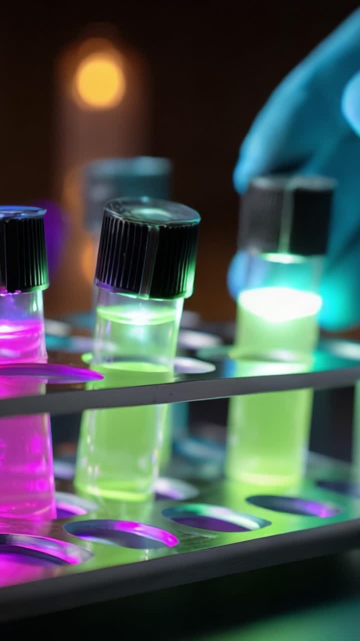 A Gloved Hand Carefully Adjusts Luminescent Test Tubes in a Laboratory Setting, Showcasing Fluorescent Liquids Labeled by Color-Coded Distinction