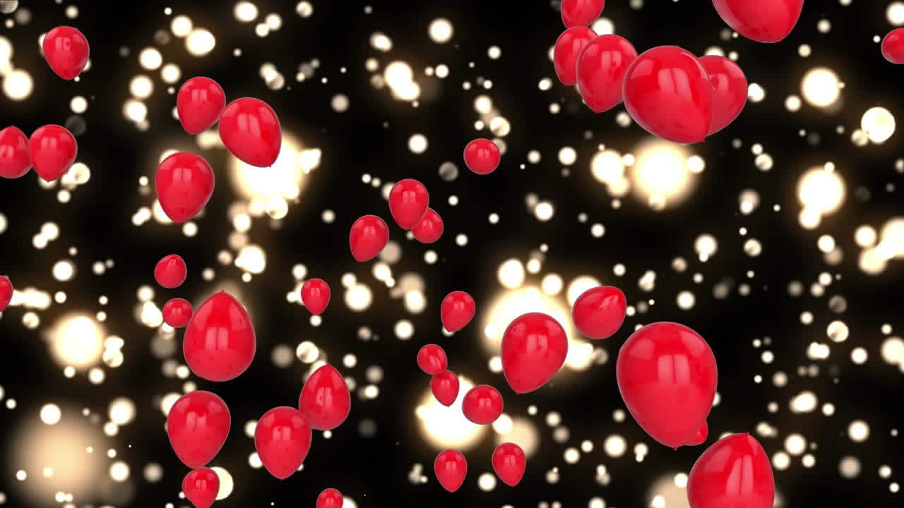 Animación de globos rojos volando sobre luces brillantes