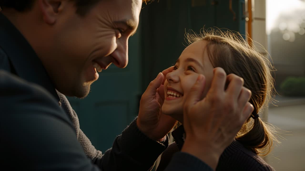 Leaning father at doorway adjusting daughter's ruffled collar and cupping cheeks, showing affection