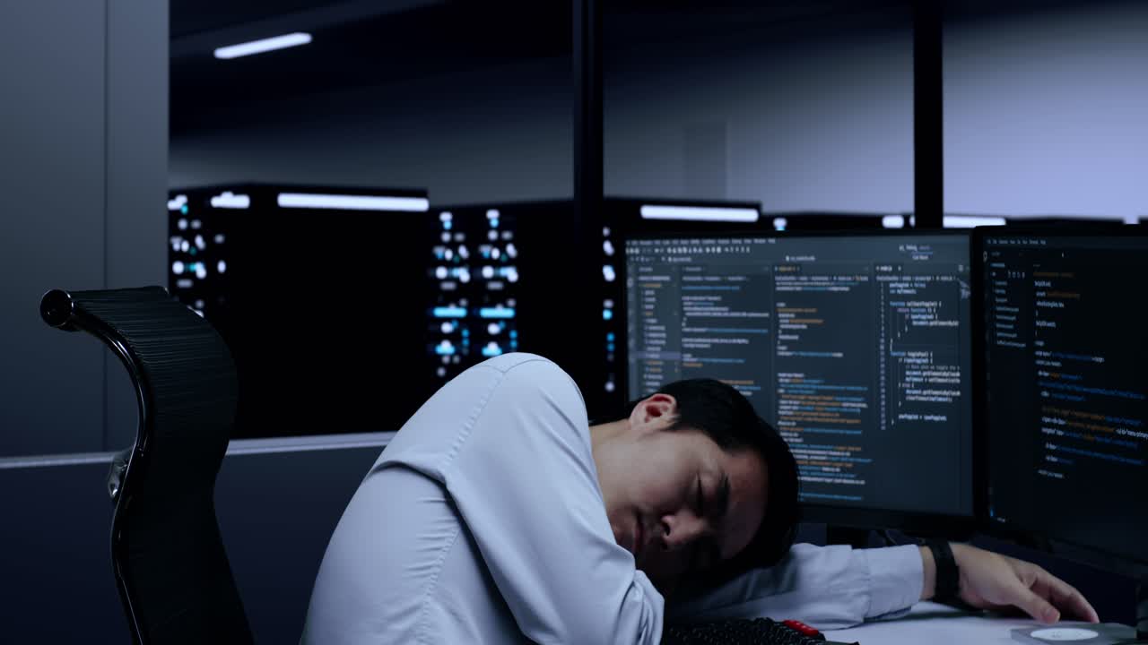 Tired programmer taking a nap in the server room