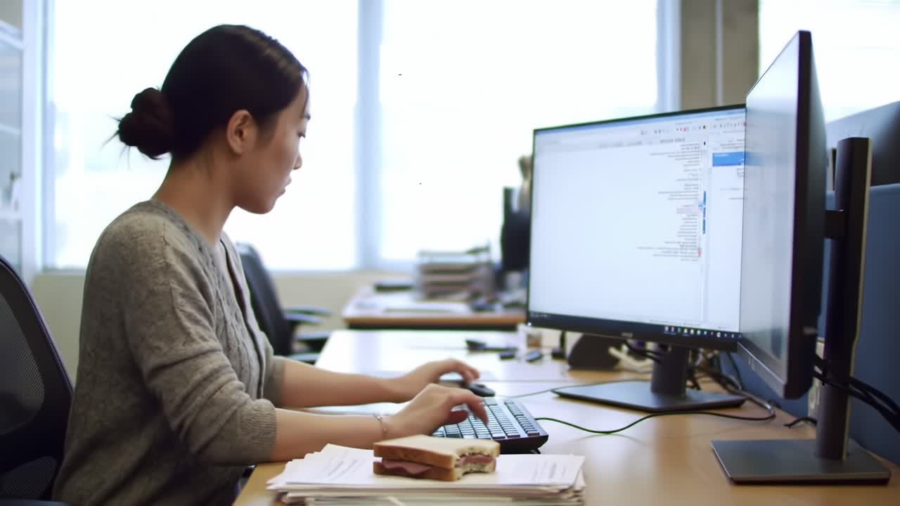 Focused Concentration: A Professional Woman Engaged in Work at a Computer Desk with a Sandwich Nearby, Highlighting Concentration and Productivity in a Modern Office Setting