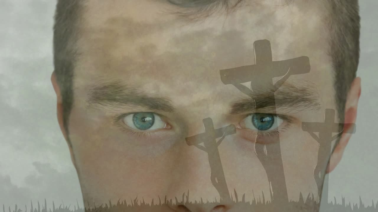 Uomo adulto che fissa lo sguardo mentre una sovrapposizione si intensifica, croci che si allineano sul viso per la progettazione grafica