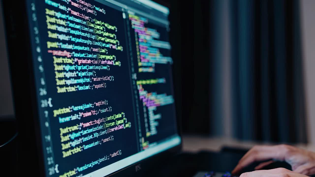 Close-up video shot of a computer screen displaying colorful code, with a side angle capturing hands