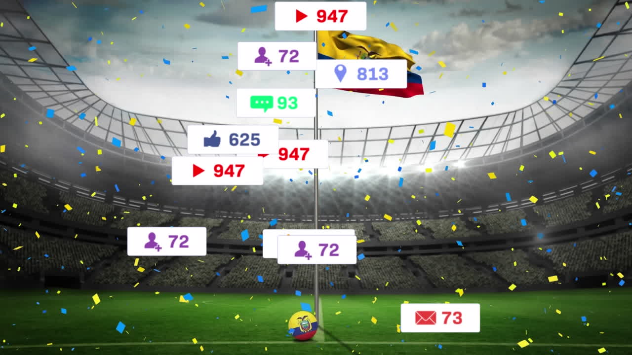 animación de iconos de redes sociales y confeti cayendo sobre la bandera de ecuador y el estadio deportivo.