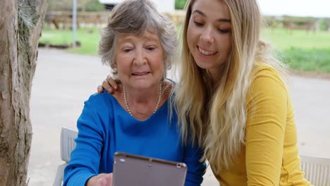 Senior-woman-and-young-girl-using-laptop-in-homeyard-4k