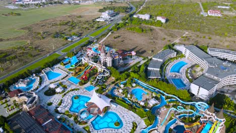 aerial view looking down over colourful nesebar aquapark resort rides and slides in burgas region of bulgaria