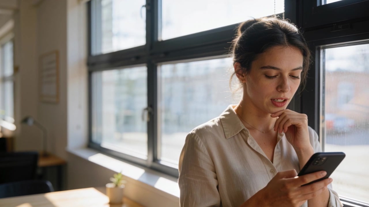 Donna in piedi con camicetta beige che legge il telefono e scorre lo schermo, reagendo vicino a una finestra a riquadri, con spazio per il testo.
