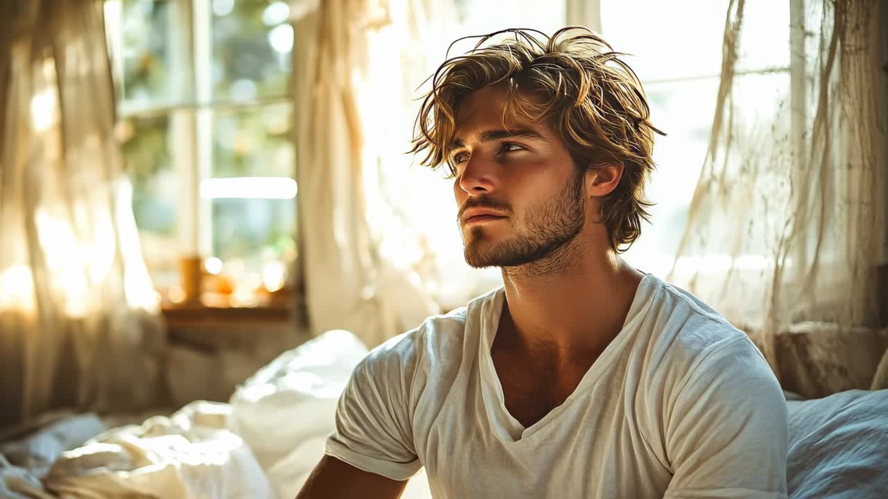 Uomo seduto in una stanza con luce soffusa. Un giovane uomo siede su un letto in una stanza ben illuminata. La luce del sole entra dalla finestra e crea una sensazione di calore.