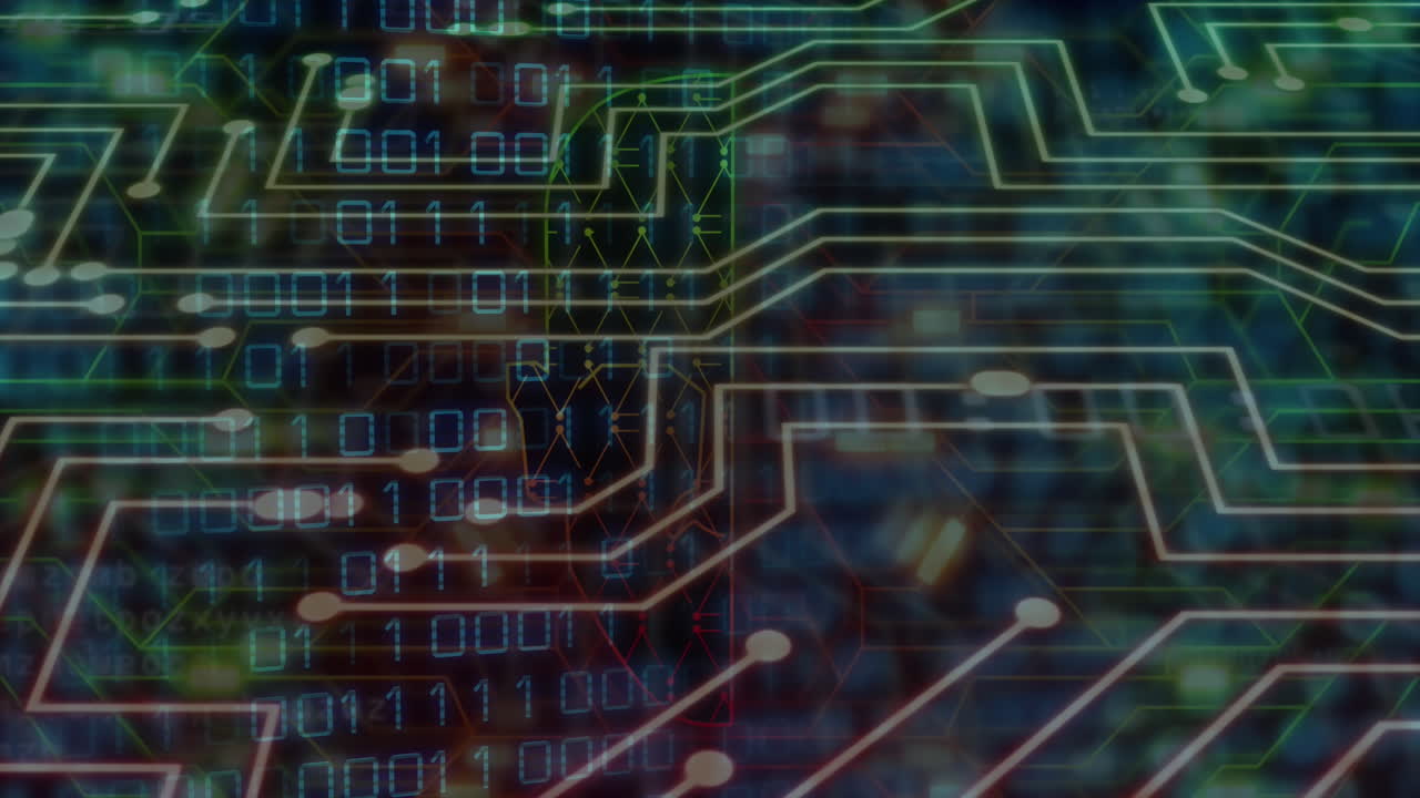 Animation of computer circuit board with data processing and binary coding