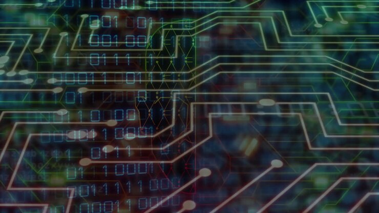 Animation of computer circuit board with data processing and binary coding