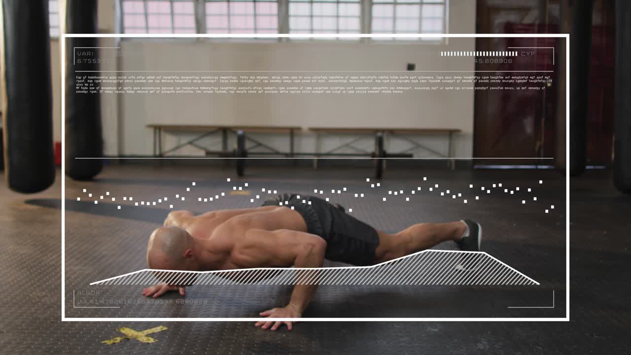 Man starting low push-up, performing push-up with knee drive on gym floor HUD tracking fitness form