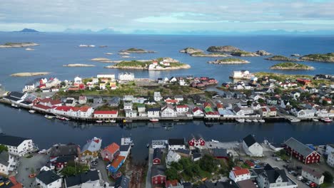 henningsvaer village at lofoten island, norway, scandinavia - 4k aerial