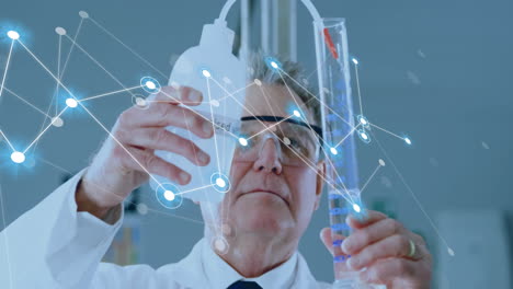 animation of network of connections and data processing over caucasian male scientist in laboratory