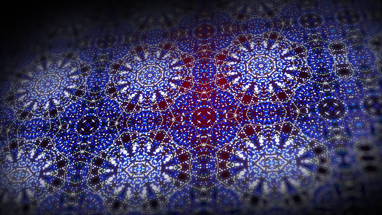 Blue and red glowing folk kaleidoscope pattern. Traditional floral ornament of the Middle East. Repeating geometric looping motion graphics.