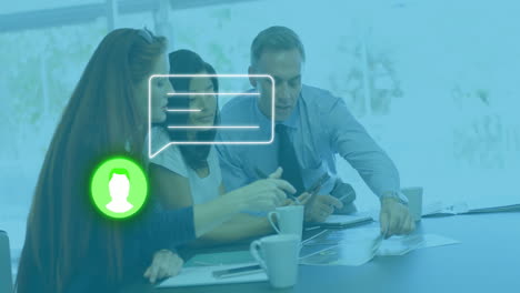 Discussing documents, business team with digital communication icons in office animation